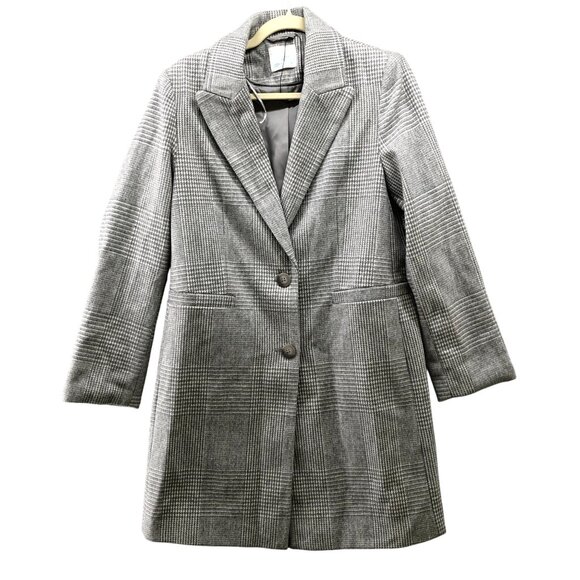 Primark Longline Blazer Womens 4 Gray White Plaid Overcoat Topper Jacket - Picture 1 of 12